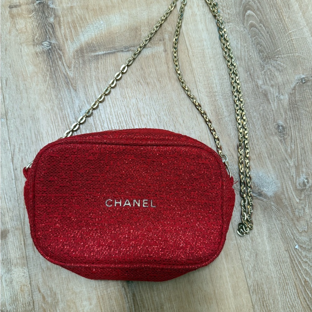 Chanel  Red Tweed Crossbody with Gold Chain Strap